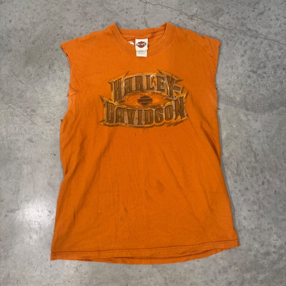 Vintage 2007 Harley Davidson Pensacola FL Orange Muscle Tee Shirt Mens L USA